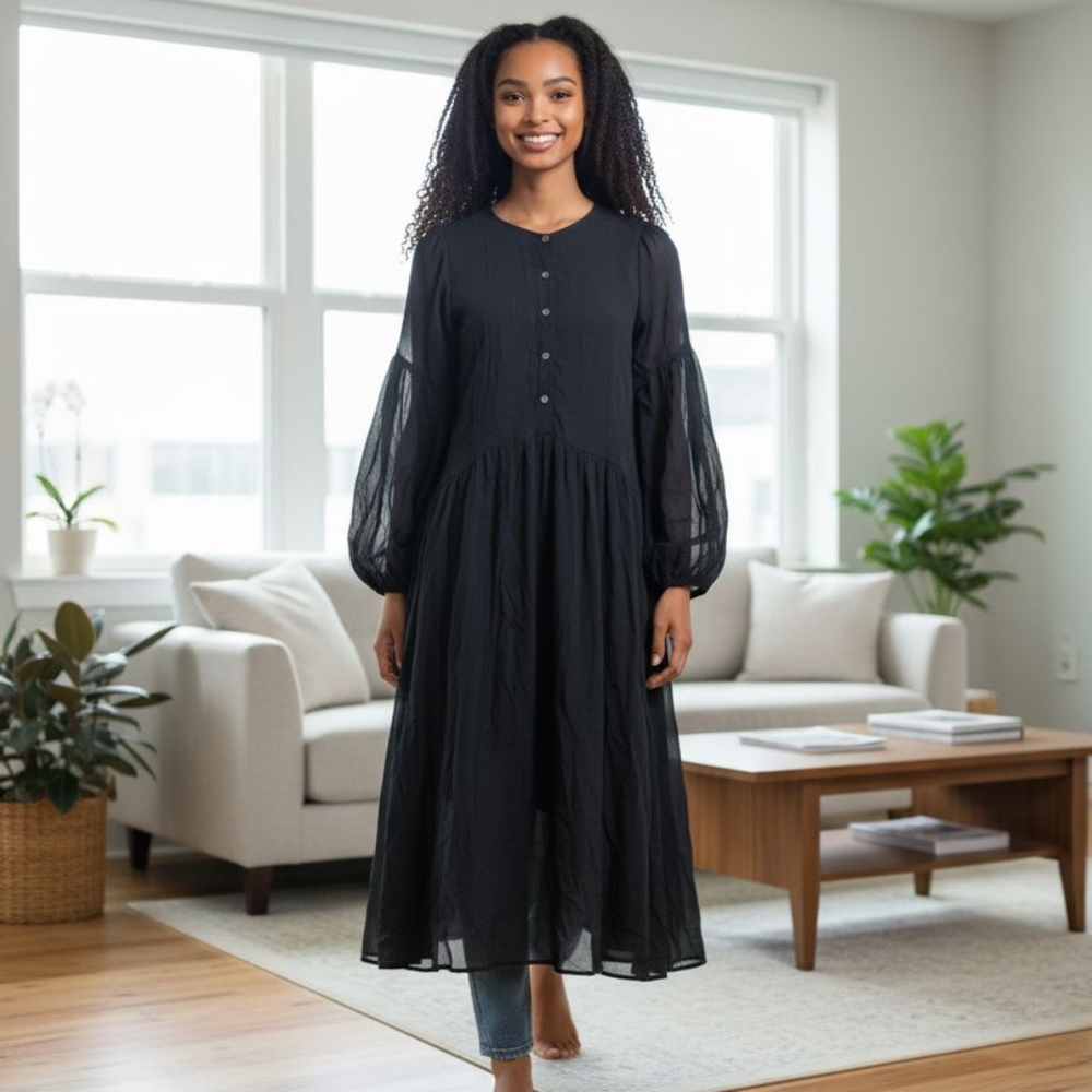Kamperett Sheer Black Balloon Long Sleeve Dress Button Front Layering